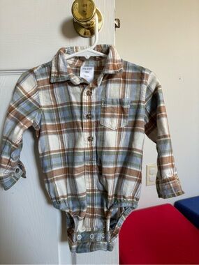 okie dokie Brown Plaid Button-Front Baby One-Piece